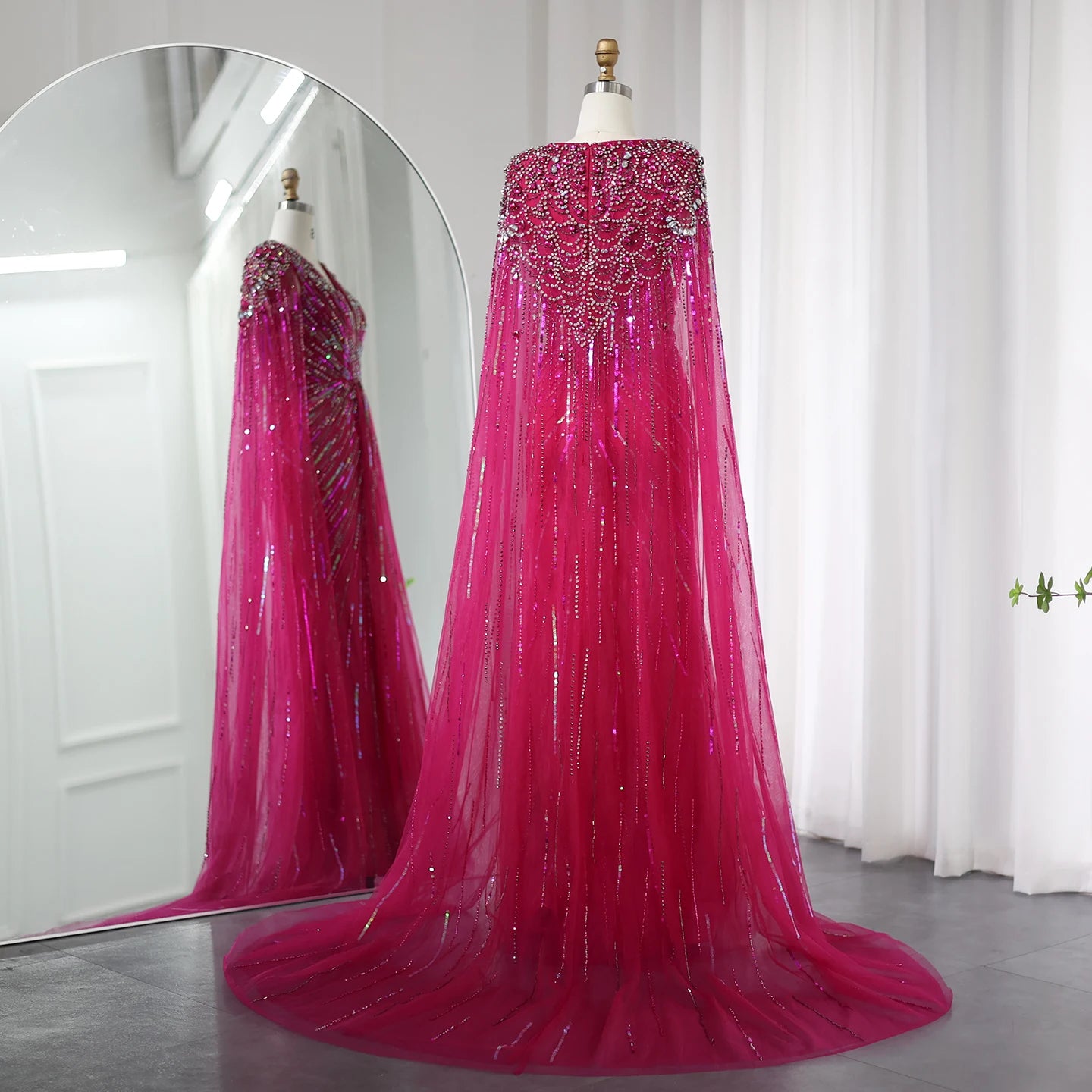 Sharon Said Luxury Dubai Sage Green Evening Dresses with Cape Fuchsia Crystal Gold Elegant Women Wedding Formal Party Gown SS399