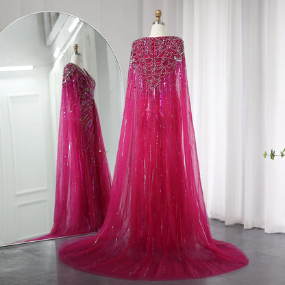 Sharon Said Luxury Dubai Sage Green Evening Dresses with Cape Fuchsia Crystal Gold Elegant Women Wedding Formal Party Gown SS399