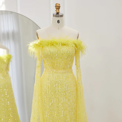 Sharon Said Luxury Dubai Feathers Mermaid Sage Green Evening Dresses with Cape Sleeves Pink Yellow Wedding Party Gowns SS215