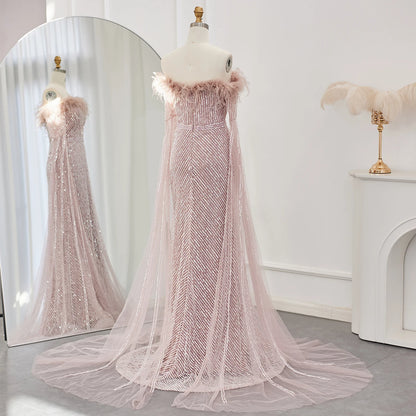 Sharon Said Luxury Dubai Feathers Mermaid Sage Green Evening Dresses with Cape Sleeves Pink Yellow Wedding Party Gowns SS215