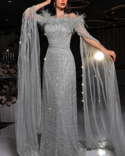 Sharon Said Luxury Dubai Feathers Mermaid Sage Green Evening Dresses with Cape Sleeves Pink Yellow Wedding Party Gowns SS215