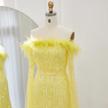 Sharon Said Luxury Dubai Feathers Mermaid Sage Green Evening Dresses with Cape Sleeves Pink Yellow Wedding Party Gowns SS215