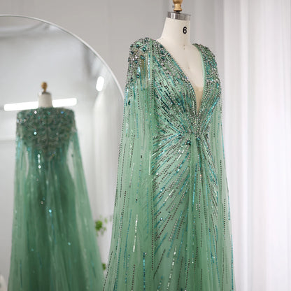 Sharon Said Luxury Dubai Sage Green Evening Dresses with Cape Fuchsia Crystal Gold Elegant Women Wedding Formal Party Gown SS399