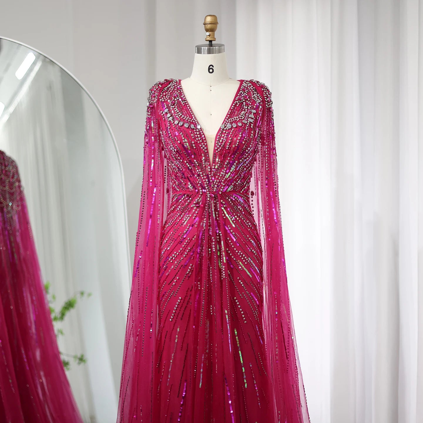 Sharon Said Luxury Dubai Sage Green Evening Dresses with Cape Fuchsia Crystal Gold Elegant Women Wedding Formal Party Gown SS399