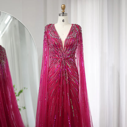 Sharon Said Luxury Dubai Sage Green Evening Dresses with Cape Fuchsia Crystal Gold Elegant Women Wedding Formal Party Gown SS399