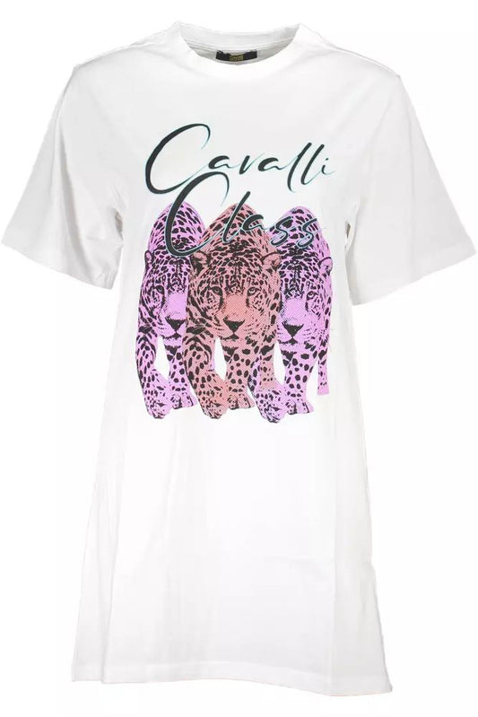 Cavalli Class Chic White Cotton Dress with Iconic Print