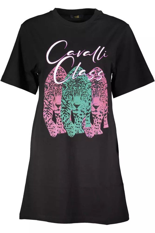 Cavalli Class Chic Black Printed Short Sleeve Dress
