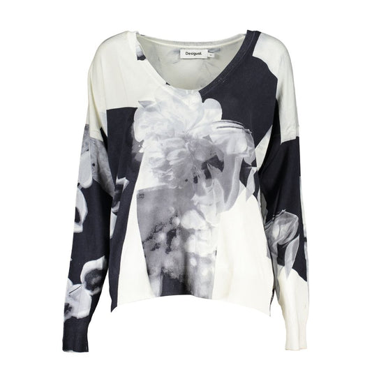 Desigual V-Neck Contrast Detail Sweater in White