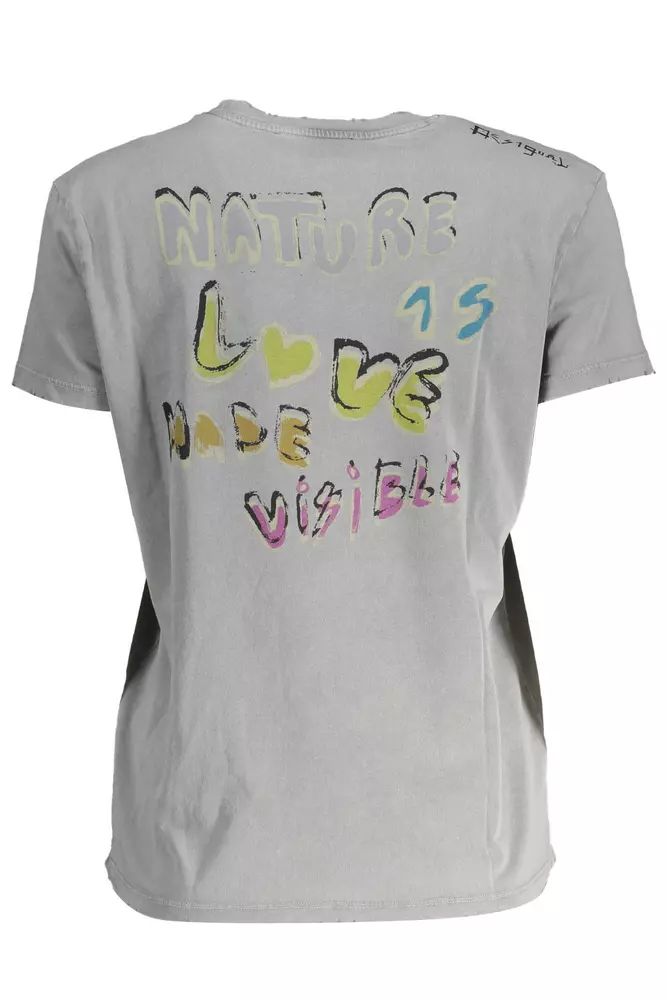 Desigual Chic Gray Printed Cotton Tee with Logo