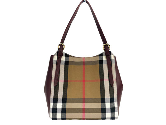 Burberry Small Canterby Mahogany Leather Check Canvas Tote Bag Purse