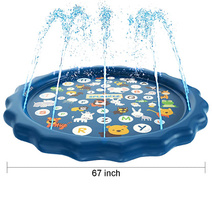 Sprinkler and Splash Mat for Kids, Inflatable Outdoor Toys, Low Entry Wading Pool for Babies and Toddlers, Early Learning ABCs and Animals, Fun for Boys and girls.