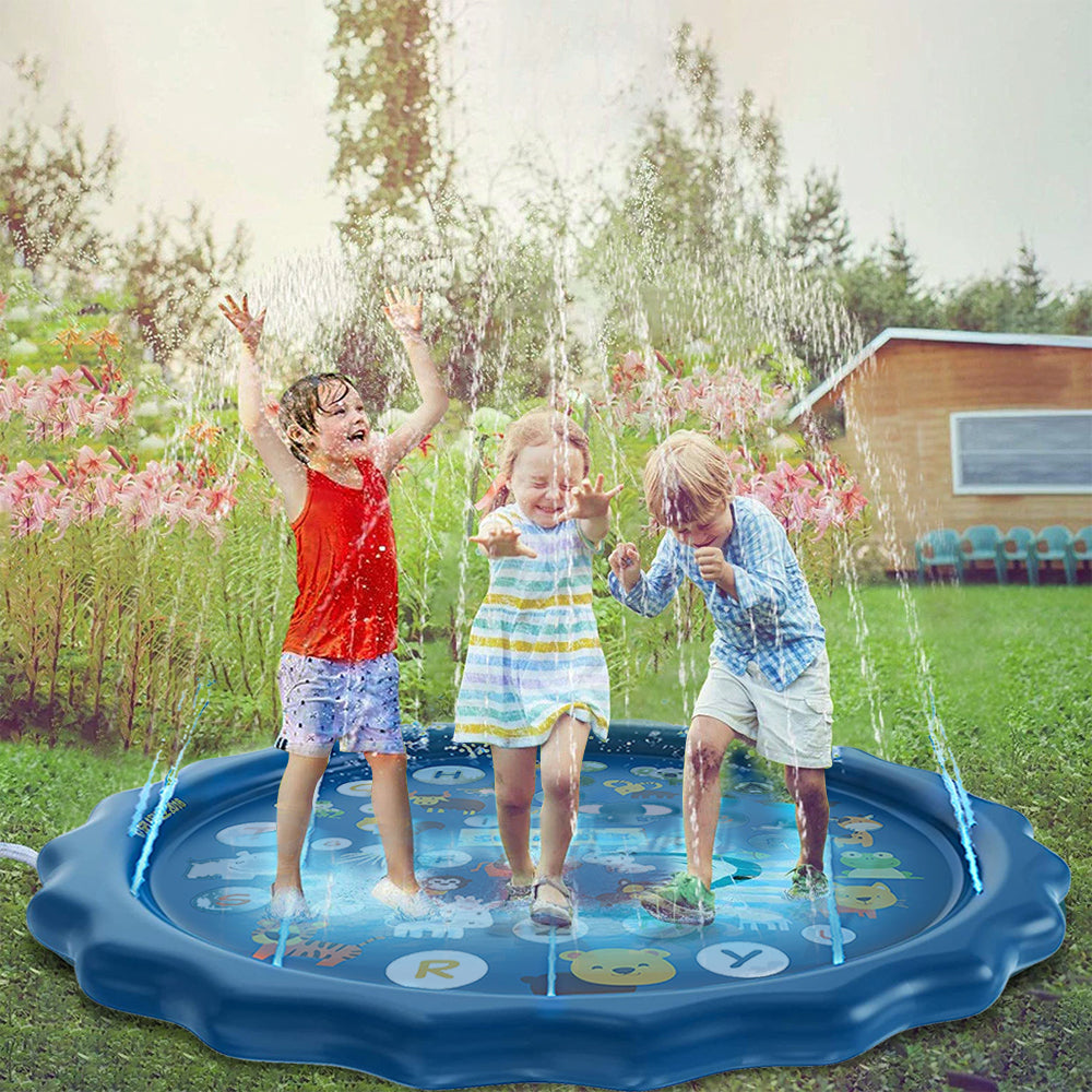 Sprinkler and Splash Mat for Kids, Inflatable Outdoor Toys, Low Entry Wading Pool for Babies and Toddlers, Early Learning ABCs and Animals, Fun for Boys and girls.