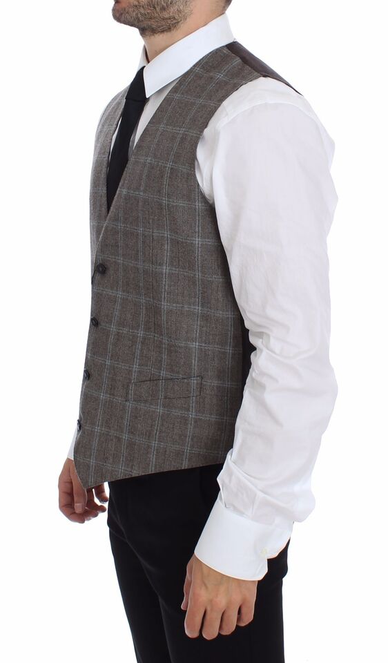 Dolce & Gabbana Elegant Brown Checkered Wool Dress Vest