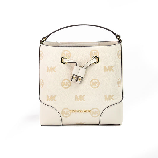 Michael Kors Mercer Small Light Cream Embossed Drawstring Bucket Messenger Bag