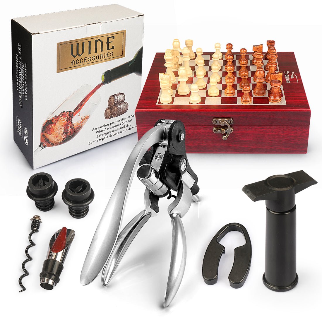 Silver Wooden Box Wine Accessories and Chess Set