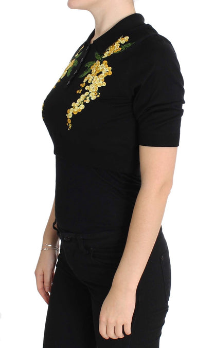 Dolce & Gabbana Black Silk Floral Embroidered Polo Top