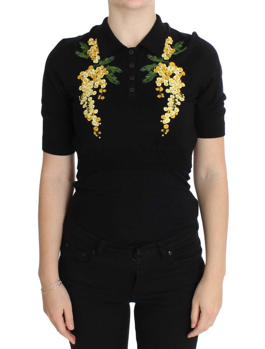 Dolce & Gabbana Elegant Black Silk Floral Polo Top