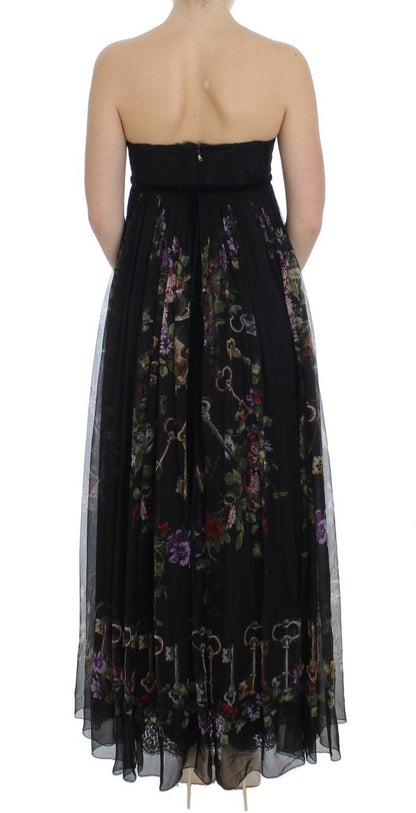 Dolce & Gabbana Multicolor Rose & Key Print Maxi Dress with Crystal