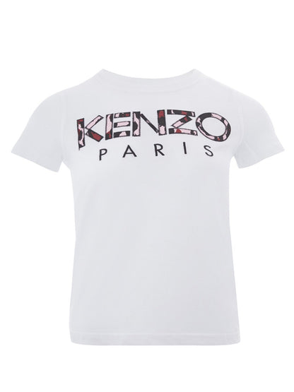 Kenzo White Cotton T-Shirt with Camouflage Logo Applied
