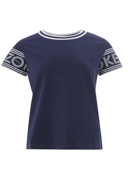 Kenzo Blue Cotton T-Shirt With contrasting Logo on Sleeves