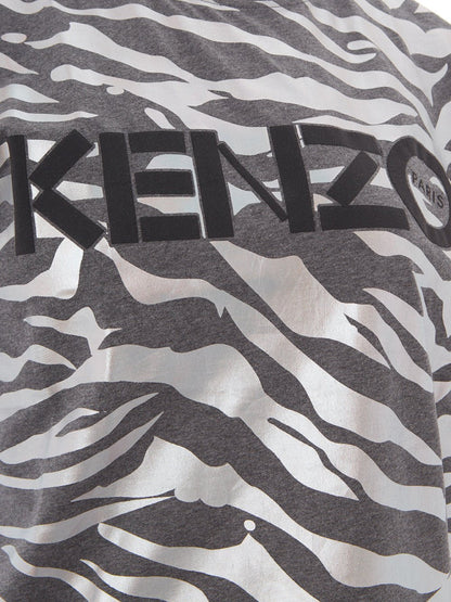 Kenzo Grey Cotton T-Shirt With Metal Animalier Print Allover