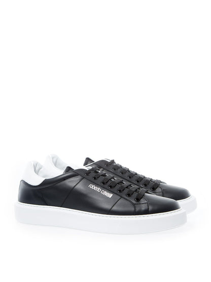 Roberto Cavalli Black Leather Sneakers with Silver Logo