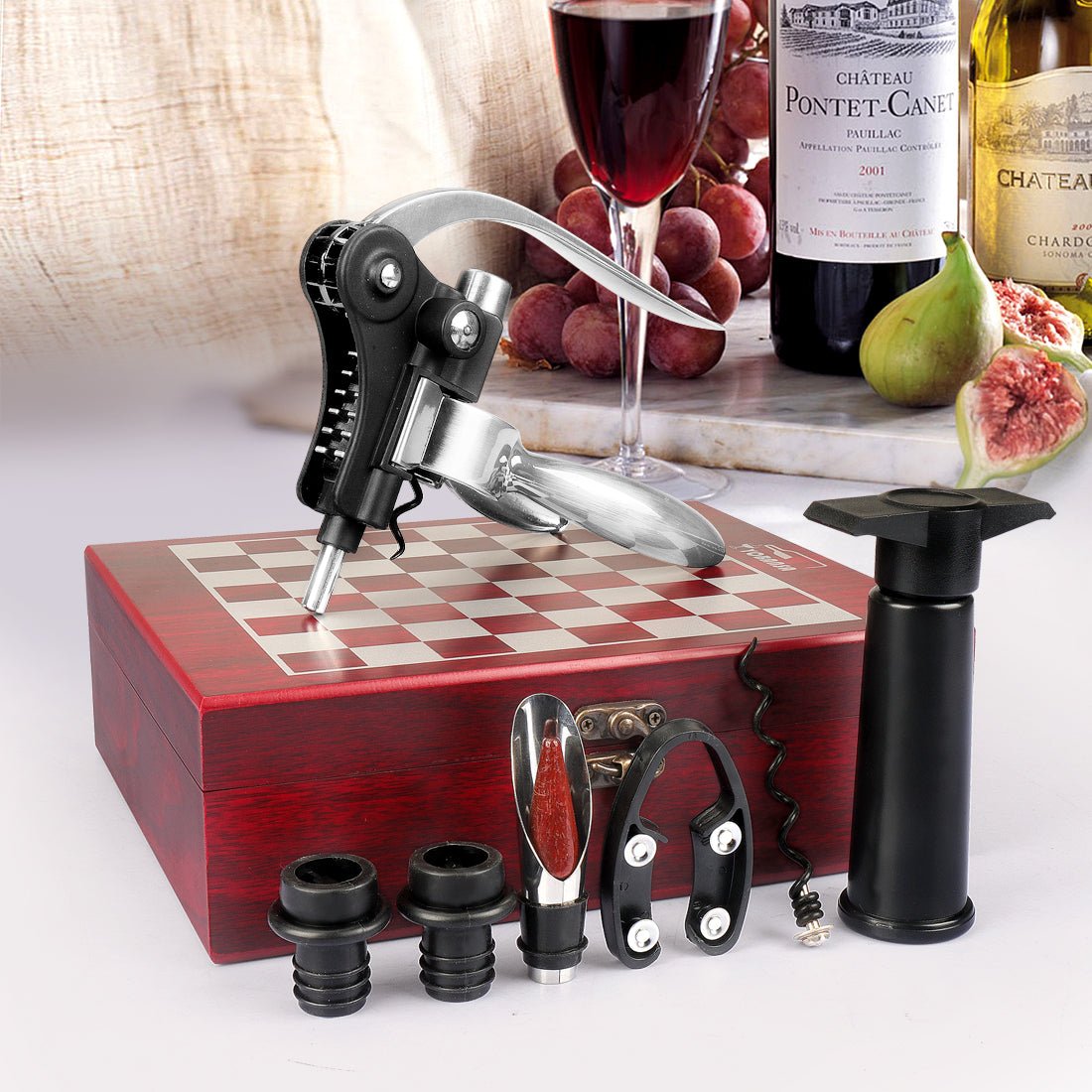 Silver Wooden Box Wine Accessories and Chess Set