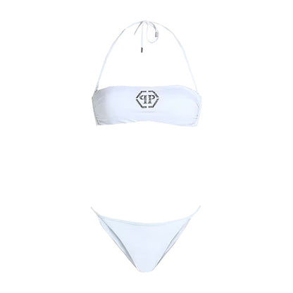 Philipp Plein Bandeau Bikini in White with Crystal Logo