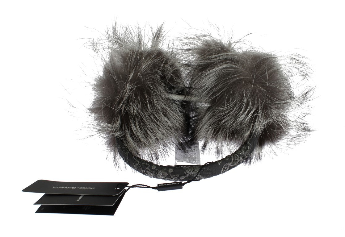 Dolce & Gabbana Gray Fox Fur Crystal Ear Muffs