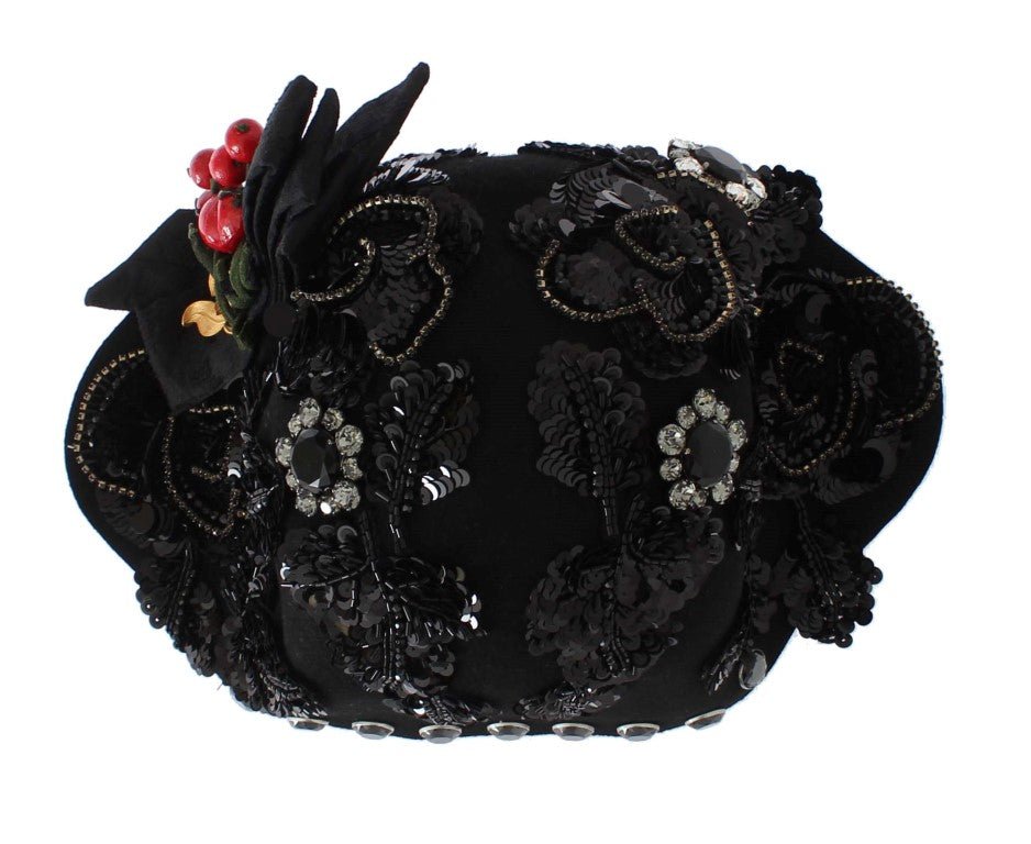 Dolce & Gabbana Elegant Black Crystal-Adorned Cloche Hat
