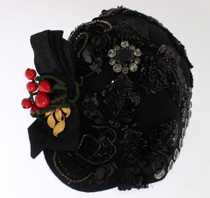Dolce & Gabbana Elegant Black Crystal-Adorned Cloche Hat