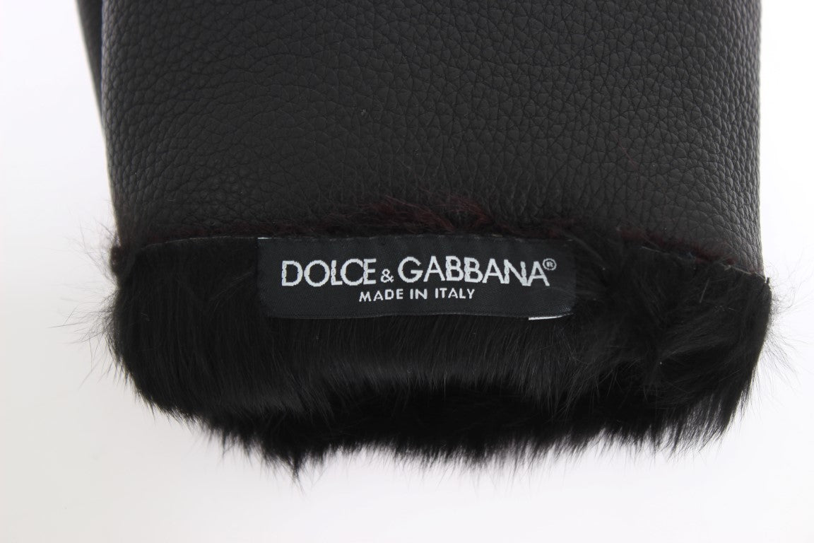 Dolce & Gabbana Black Leather Bordeaux Shearling Gloves