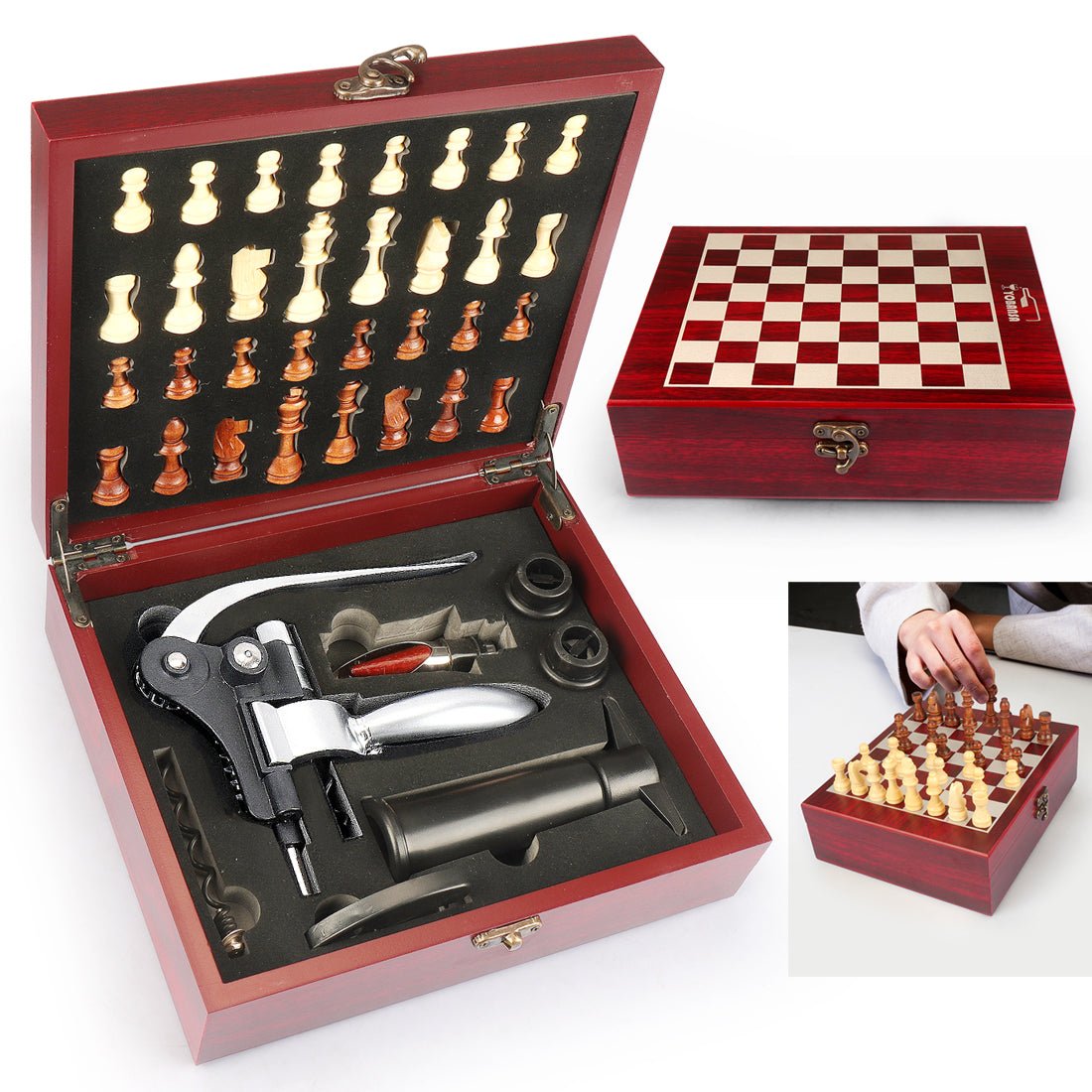 Silver Wooden Box Wine Accessories and Chess Set