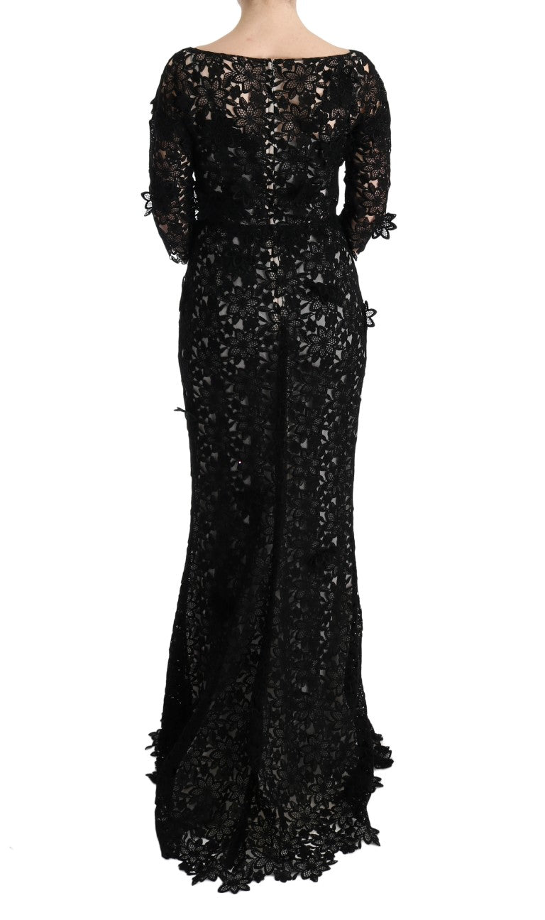 Dolce & Gabbana Black Cotton Silk Floral Long Dress