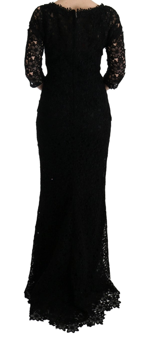 Dolce & Gabbana Black Floral Ricamo Sheath Long Dress