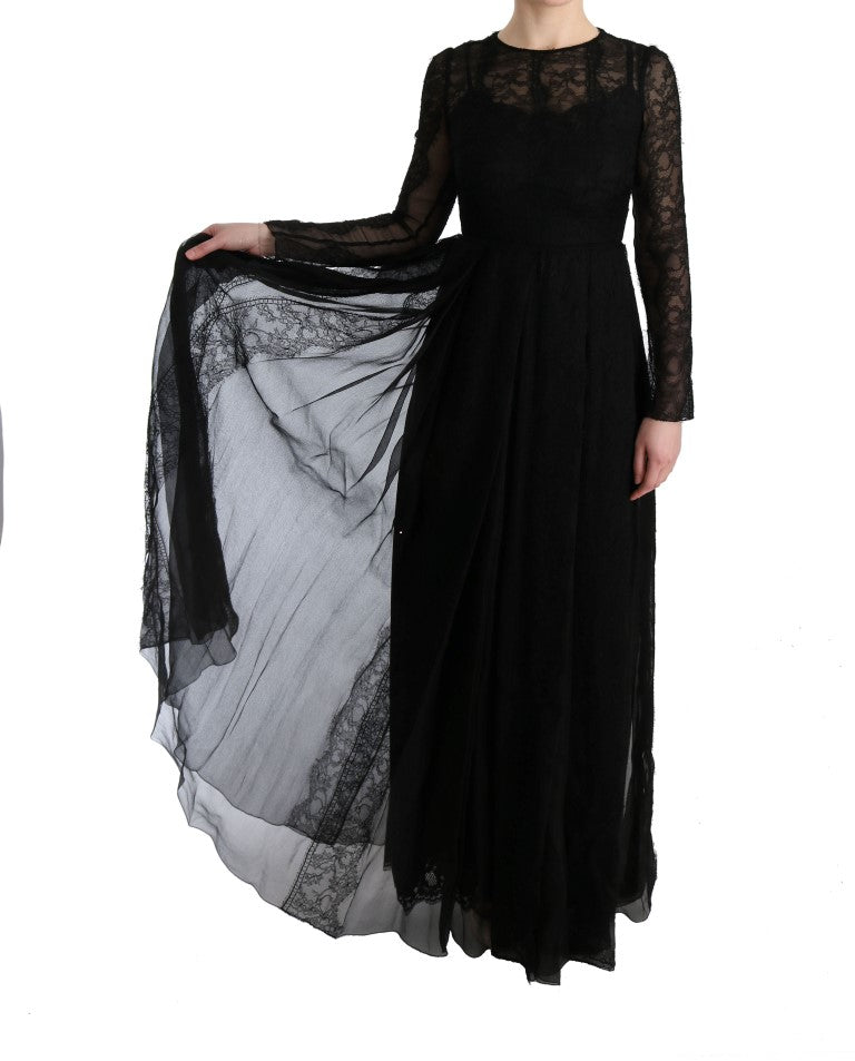 Dolce & Gabbana Black Floral Lace Sheath Silk Dress