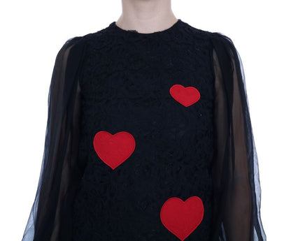 Dolce & Gabbana Elegant Black Lace Heart Applique Shift Dress