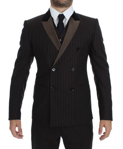Dolce & Gabbana Elegant Brown Striped Three-Piece Tuxedo