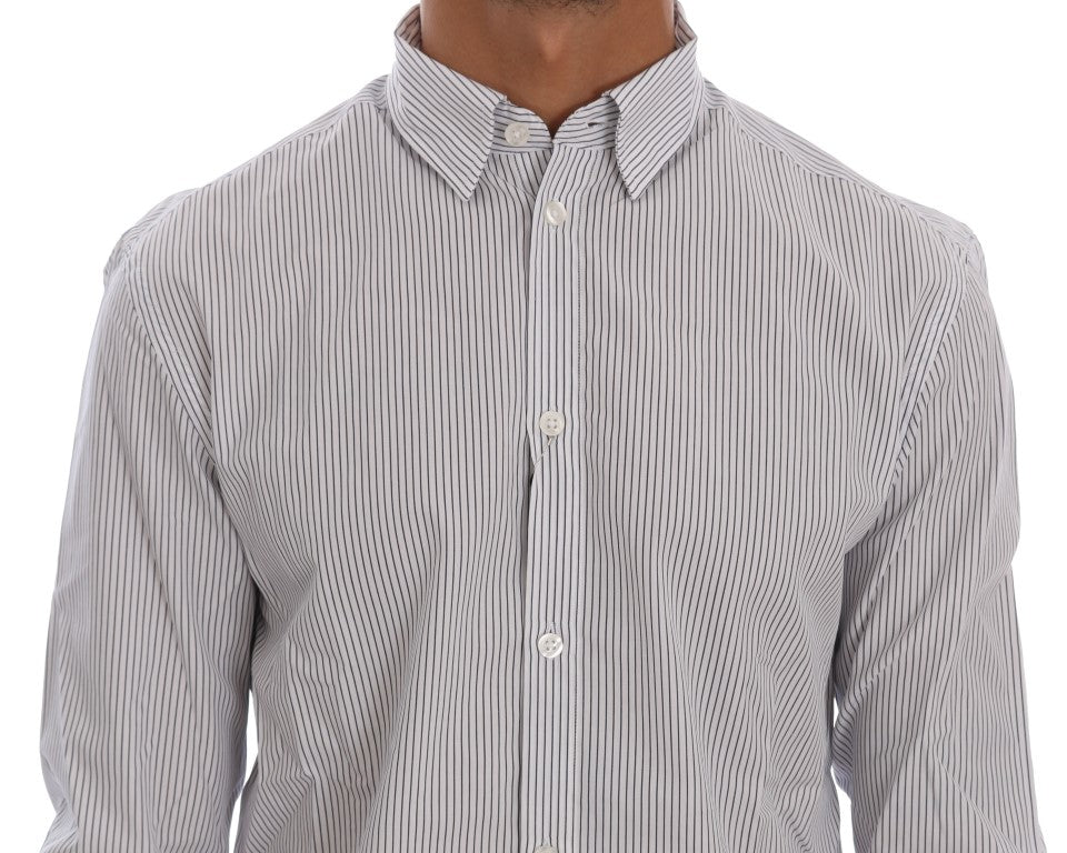 Frankie Morello White Blue Striped Casual Cotton Regular Fit Shirt