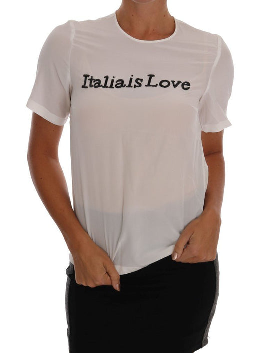 Dolce & Gabbana Silk Sequined 'Italia Is Love' White Blouse