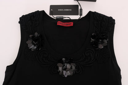 Dolce & Gabbana Black Cotton Floral Crystal Tank Top
