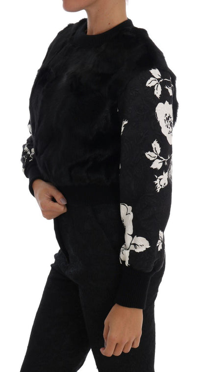 Dolce & Gabbana Black Fur Floral Brocade Zipper Sweater