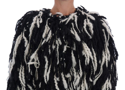 Dolce & Gabbana Black White Fringes Coat Wool Coat
