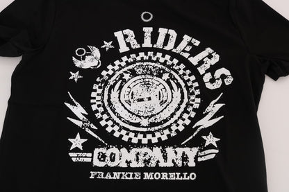 Frankie Morello Chic Black Crewneck Tee with 'RIDERS' Motif