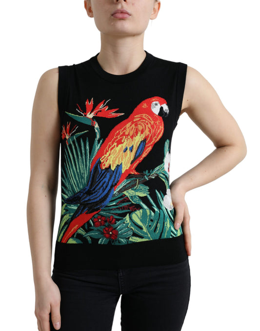 Dolce & Gabbana Elegant Crew Neck Wool Silk Tank with Bird Embroidery