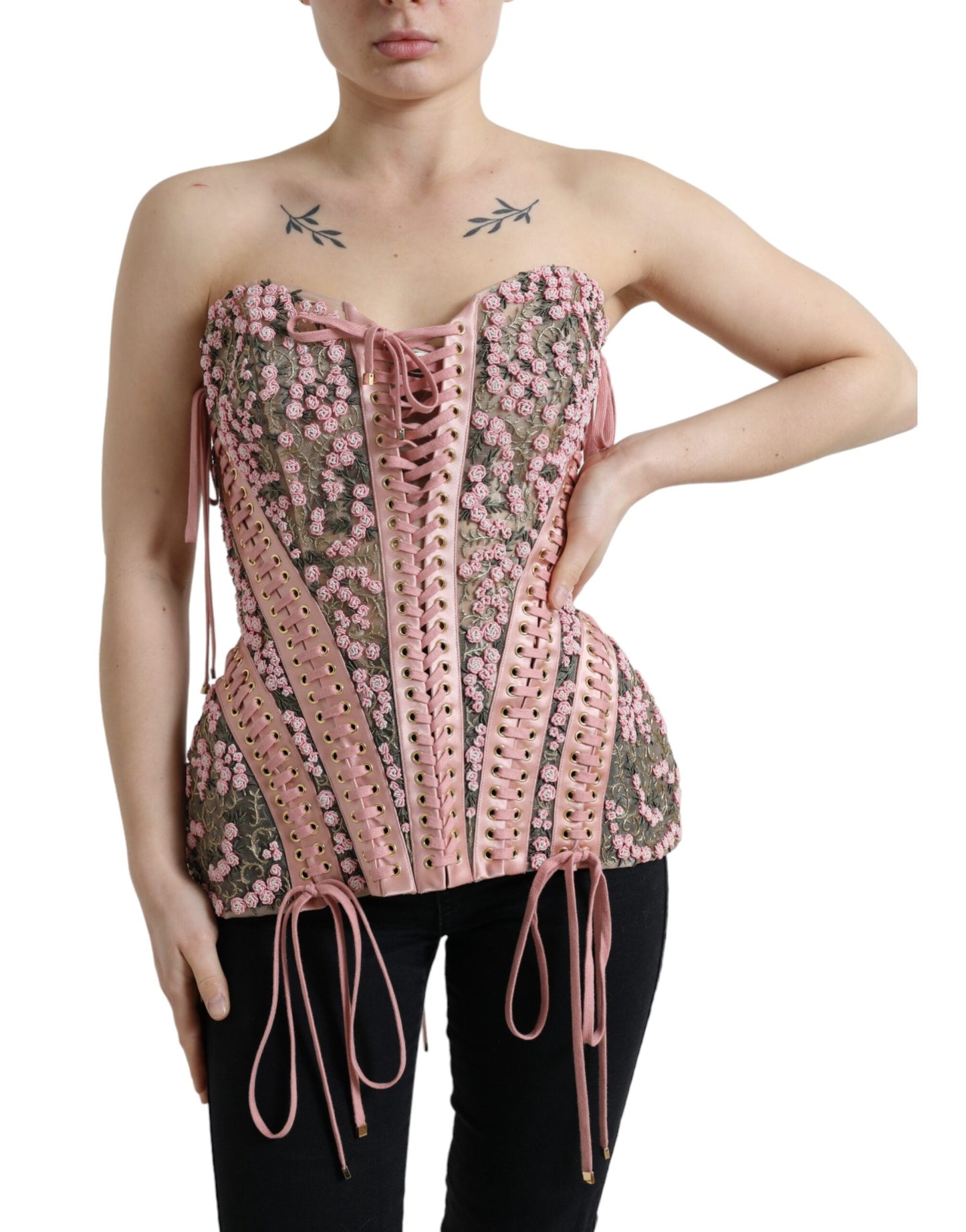 Dolce & Gabbana Pink Floral Applique Bustier Corset Top