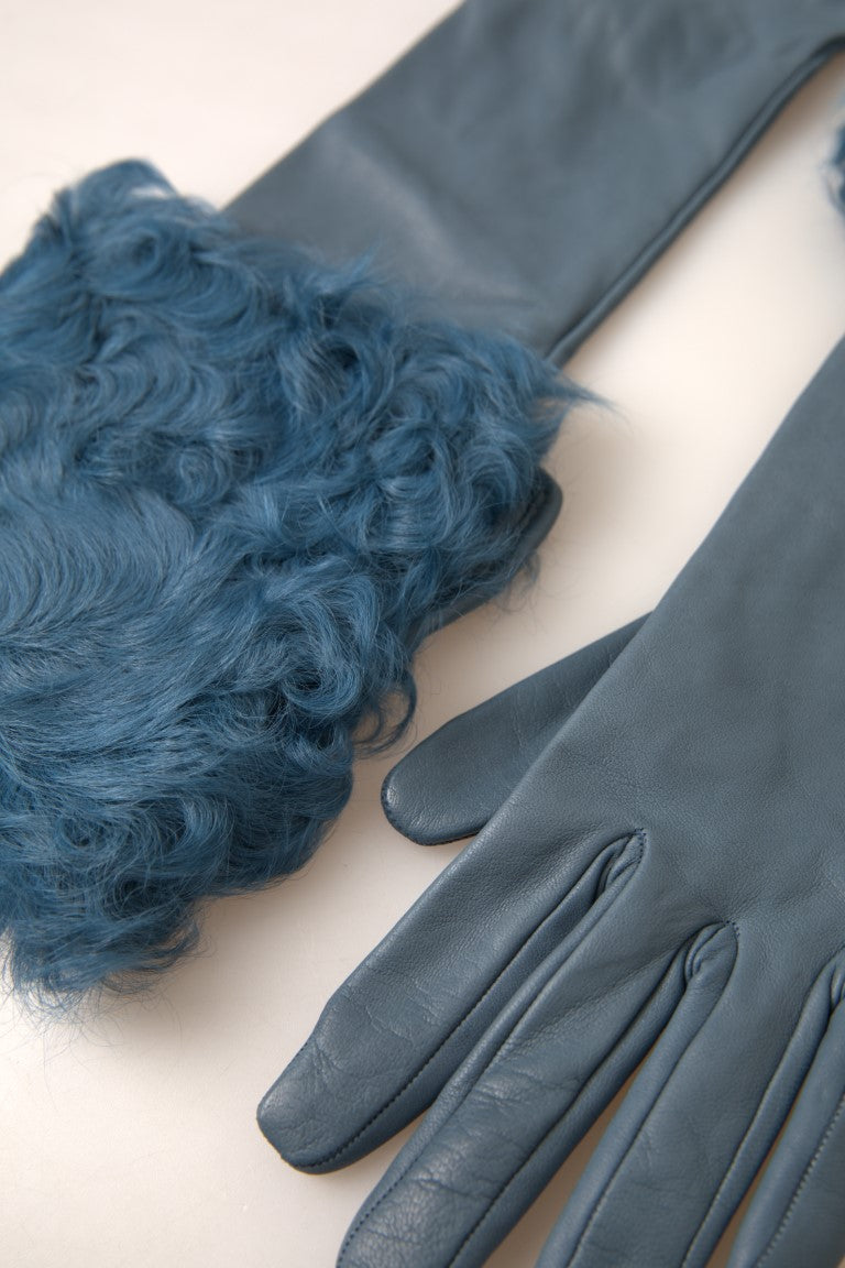 Dolce & Gabbana Elegant Blue Leather Gloves with Fur Trim