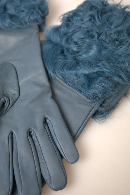 Dolce & Gabbana Elegant Blue Leather Gloves with Fur Trim