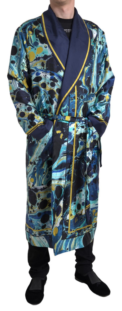 Dolce & Gabbana Marble Blue Silk Long Robe Luxury Sleepwear