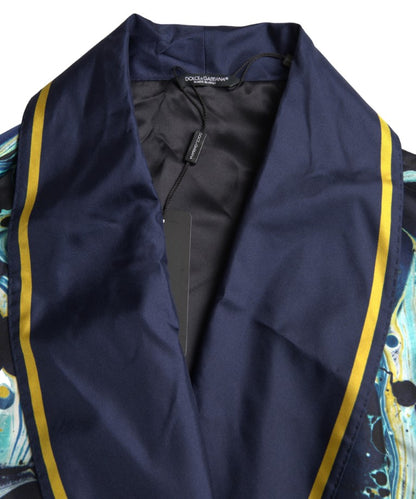 Dolce & Gabbana Marble Blue Silk Long Robe Luxury Sleepwear